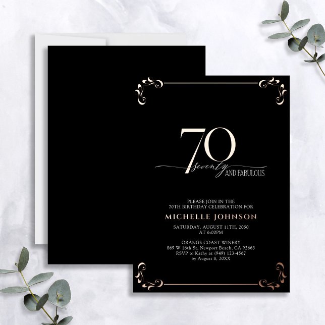 Invitación Con Relieve Metalizado 70 y fabuloso Rosa negro caligrafía de oro cumplea (Subido por el creador)