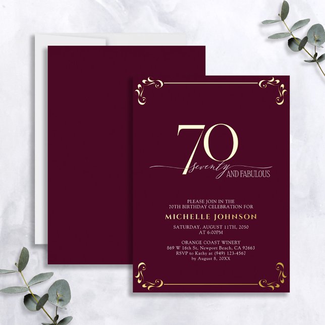 Invitación Con Relieve Metalizado 70 y Fabuoso Cumpleaños con Caligrafía Burgundy y  (Subido por el creador)