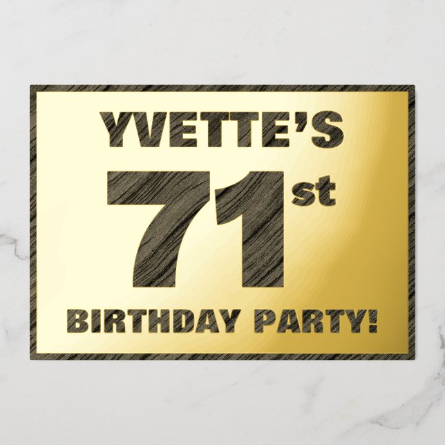 Invitación Con Relieve Metalizado 71ª Fiesta de Cumpleaños — Audaz, Faux Wood Grain  (Anverso)