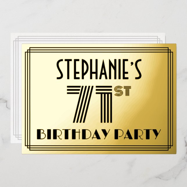 Invitación Con Relieve Metalizado 71ª Fiesta de Cumpleaños — Estilo Art Deco "71" y  (Anverso/Reverso)