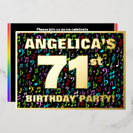 Invitación Con Relieve Metalizado 71st Birthday Party — Fun, Colorful Music Symbols