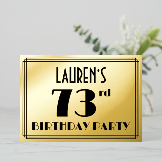 Invitación Con Relieve Metalizado 73.ª Fiesta de Cumpleaños — Aspecto Art Deco "73"  (Anverso de pie)