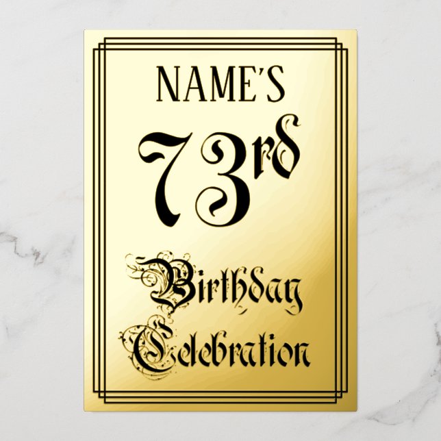 Invitación Con Relieve Metalizado 73.ª Fiesta de Cumpleaños — Guión elegante + Nombr (Anverso)