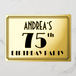 Invitación Con Relieve Metalizado 75ª Fiesta de Cumpleaños — Aspecto Art Deco "75" +