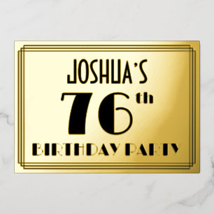 Invitación Con Relieve Metalizado 76ª Fiesta de Cumpleaños — Aspecto Art Deco "76" +