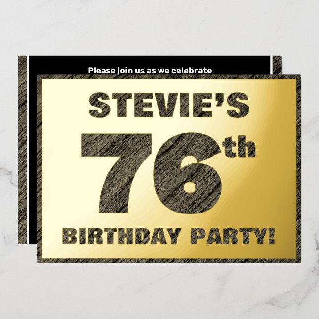 Invitación Con Relieve Metalizado 76ª Fiesta de Cumpleaños — Audaz, Faux Wood Grain  (Anverso/Reverso)