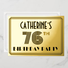 Invitación Con Relieve Metalizado 76ª Fiesta de Cumpleaños — Estilo Art Deco "76" y 