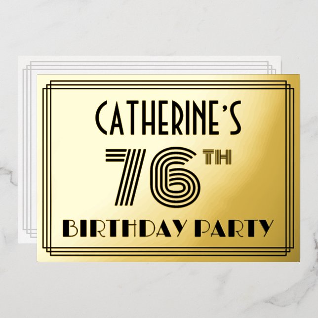 Invitación Con Relieve Metalizado 76ª Fiesta de Cumpleaños — Estilo Art Deco "76" y  (Anverso/Reverso)