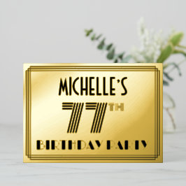 Invitación Con Relieve Metalizado 77ª Fiesta de Cumpleaños — Estilo Art Deco "77" y 