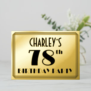 Invitación Con Relieve Metalizado 78ª Fiesta de Cumpleaños — Aspecto Art Deco "78" +