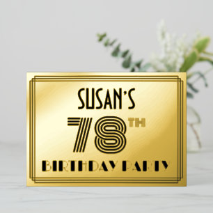 Invitación Con Relieve Metalizado 78ª Fiesta de Cumpleaños — Estilo Art Deco "78" y 