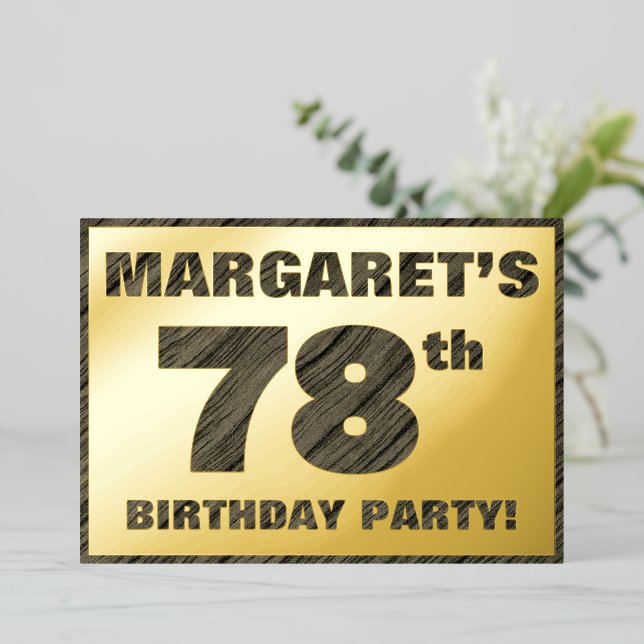 Invitación Con Relieve Metalizado 78.ª Fiesta de Cumpleaños — Negrita, Falsa Madera  (Anverso de pie)