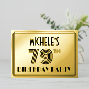 Invitación Con Relieve Metalizado 79ª Fiesta de Cumpleaños — Estilo Art Deco "79" y 