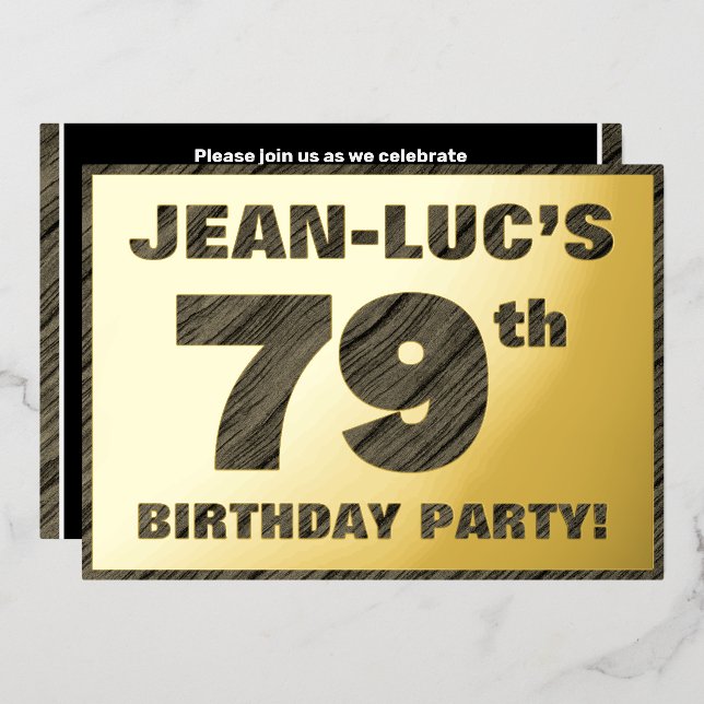 Invitación Con Relieve Metalizado 79ª Fiesta de Cumpleaños — Negrita, Faux Wood Grai (Anverso/Reverso)