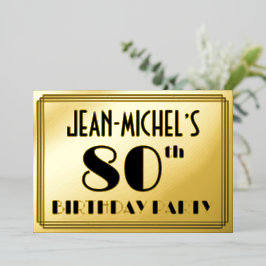 Invitación Con Relieve Metalizado 80.ª Fiesta de Cumpleaños — Art Deco Look "80" + N