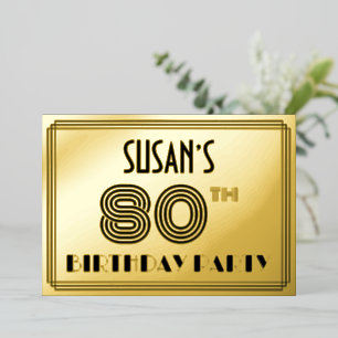 Invitación Con Relieve Metalizado 80.ª Fiesta de Cumpleaños — Estilo Art Deco "80" y