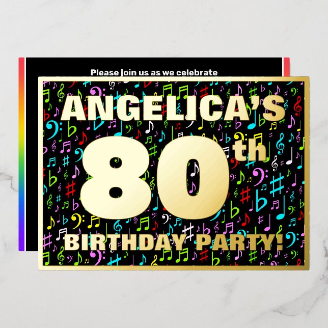 Invitación Con Relieve Metalizado 80.ª fiesta de cumpleaños — Símbolos musicales div (Anverso/Reverso)