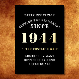 Invitación Con Relieve Metalizado 80.º Cumpleaños 1944 Oro Negro Personalizado Para