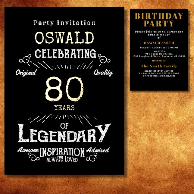 Invitación Con Relieve Metalizado 80.º cumpleaños Nacido legendario Black Gold Retro (For those celebrating their 80th birthday we have the ideal gold foil birthday party invitation.)