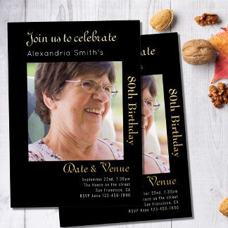 Invitación Con Relieve Metalizado 80.º cumpleaños Oro Negro