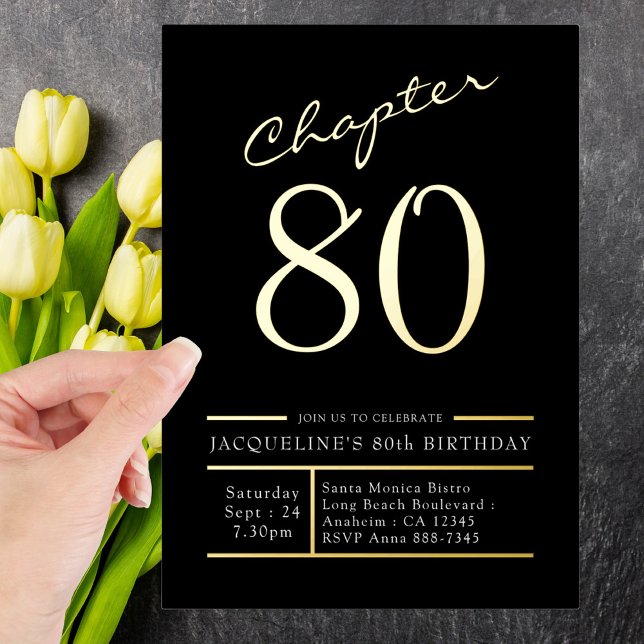 Invitación Con Relieve Metalizado 80 Black 80th Birthday Party Gold (Subido por el creador)