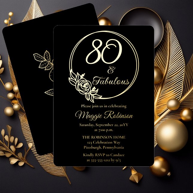 Invitación Con Relieve Metalizado 80 y fabulosa fiesta de cumpleaños número 80 estam (Simply Elegant Rose Wreath "80 and Fabulous" 80th Birthday Party Black Stamped Gold Foil Invitation )