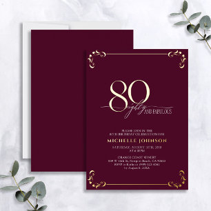 Invitación Con Relieve Metalizado 80 y Fabuloso Cumpleaños con Caligrafía Burgundy y