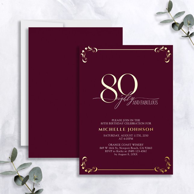 Invitación Con Relieve Metalizado 80 y fabuloso cumpleaños de Borgoña y caligrafía d (Subido por el creador)