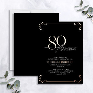 Invitación Con Relieve Metalizado 80 y fabuloso Rosa negro caligrafía de oro cumplea