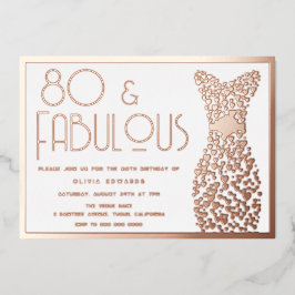 Invitación Con Relieve Metalizado 80 y fabuloso vestido de oro retro 80 cumpleaños