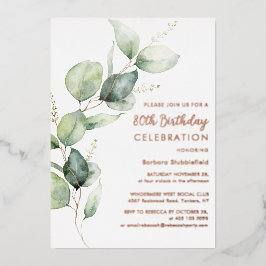 Invitación Con Relieve Metalizado 80th Birthday Eucalyptus Script Party