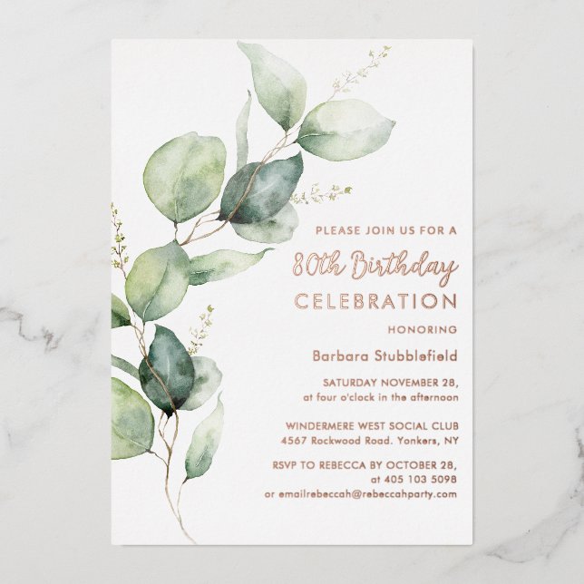 Invitación Con Relieve Metalizado 80th Birthday Eucalyptus Script Party (Anverso)