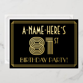 Invitación Con Relieve Metalizado 81ª Fiesta de Cumpleaños — Estilo Art Deco "81" + 