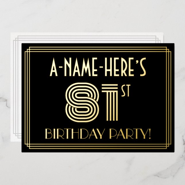 Invitación Con Relieve Metalizado 81ª Fiesta de Cumpleaños — Estilo Art Deco "81" +  (Anverso/Reverso)
