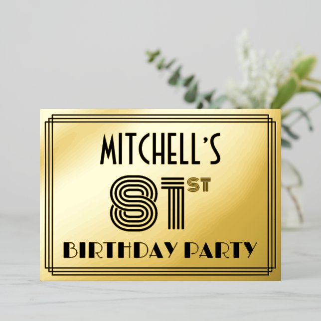 Invitación Con Relieve Metalizado 81ª Fiesta de Cumpleaños — Estilo Art Deco "81" y  (Anverso de pie)