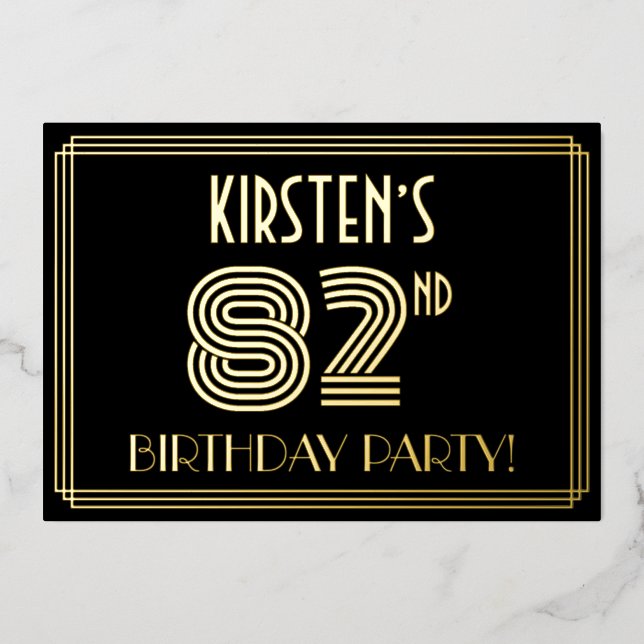 Invitación Con Relieve Metalizado 82ª Fiesta de Cumpleaños — Estilo Art Deco "82" +  (Anverso)