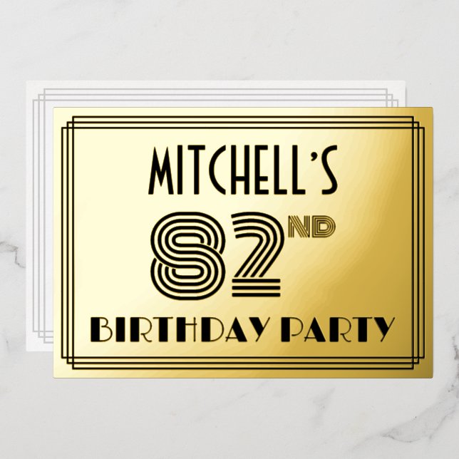 Invitación Con Relieve Metalizado 82ª fiesta de cumpleaños — Estilo Art Deco "82" y  (Anverso/Reverso)
