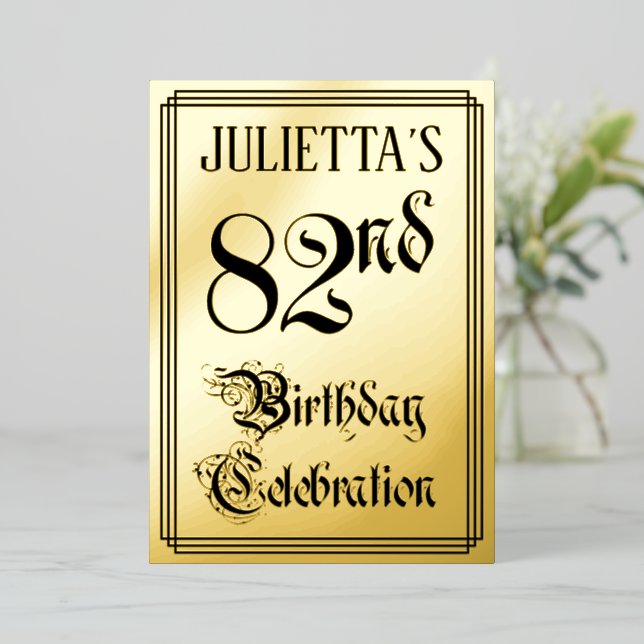 Invitación Con Relieve Metalizado 82ª fiesta de cumpleaños — Guión elegante + Nombre (Anverso de pie)