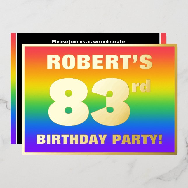 Invitación Con Relieve Metalizado 83.ª fiesta de cumpleaños: Patrón arcoiris diverti (Anverso/Reverso)