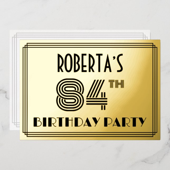 Invitación Con Relieve Metalizado 84ª Fiesta de Cumpleaños — Estilo Art Deco "84" y  (Anverso/Reverso)