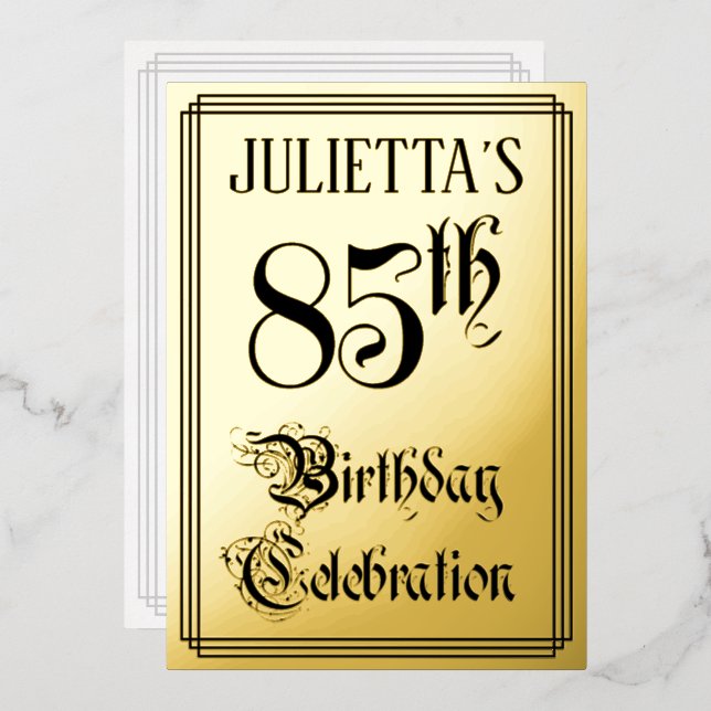 Invitación Con Relieve Metalizado 85ª fiesta de cumpleaños — Guión elegante + Nombre (Anverso/Reverso)