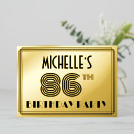 Invitación Con Relieve Metalizado 86ª Fiesta de Cumpleaños — Estilo Art Deco "86" y 