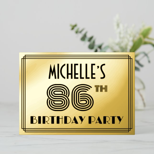 Invitación Con Relieve Metalizado 86ª Fiesta de Cumpleaños — Estilo Art Deco "86" y  (Anverso de pie)