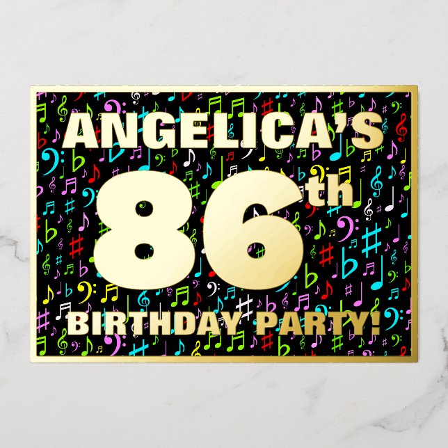 Invitación Con Relieve Metalizado 86ª Fiesta de Cumpleaños — Símbolos de música dive (Anverso)