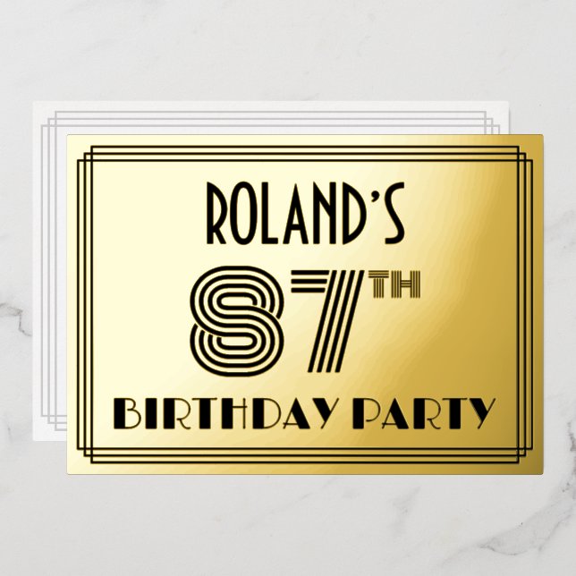 Invitación Con Relieve Metalizado 87ª Fiesta de Cumpleaños — Estilo Art Deco "87" y  (Anverso/Reverso)