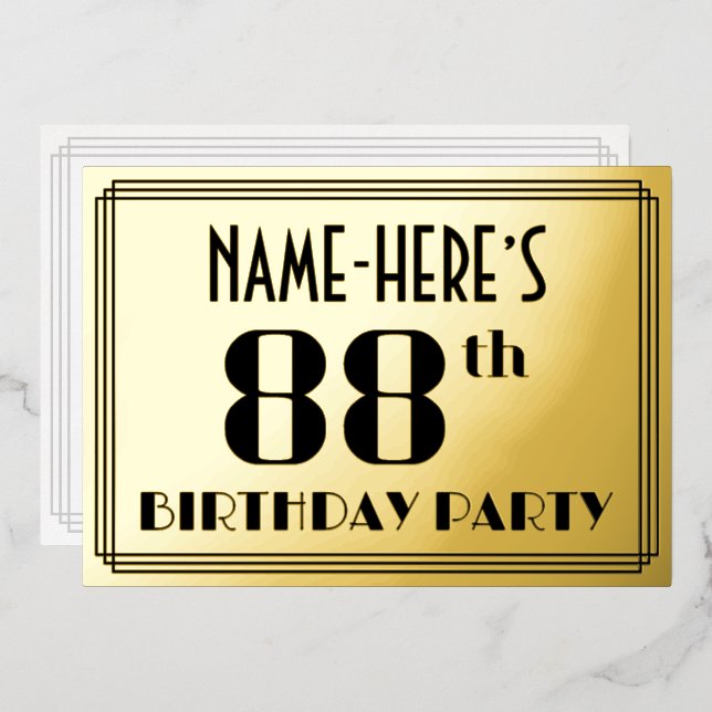 Invitación Con Relieve Metalizado 88ª fiesta de cumpleaños: Art Deco Look "88" y Nom (Anverso/Reverso)