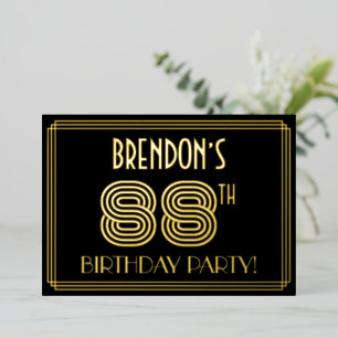 Invitación Con Relieve Metalizado 88ª Fiesta de Cumpleaños — Estilo Art Deco "88" + 