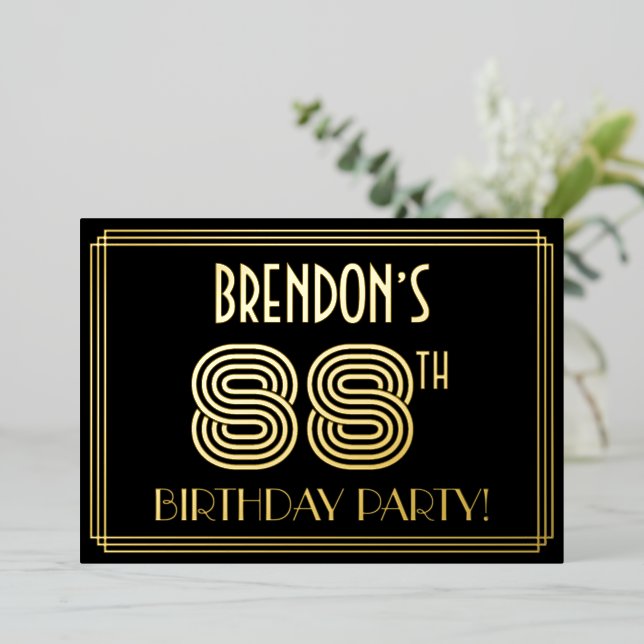 Invitación Con Relieve Metalizado 88ª Fiesta de Cumpleaños — Estilo Art Deco "88" +  (Anverso de pie)