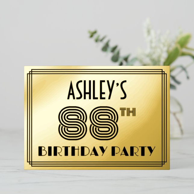 Invitación Con Relieve Metalizado 88ª Fiesta de Cumpleaños — Estilo Art Deco "88" y  (Anverso de pie)