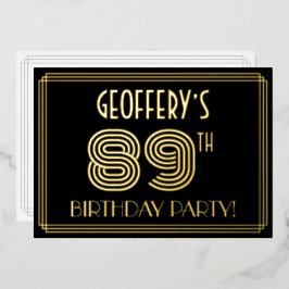 Invitación Con Relieve Metalizado 89ª Fiesta de Cumpleaños — Estilo Art Deco "89" + 